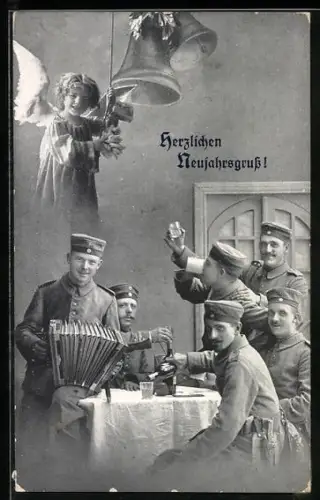 AK Soldaten mit Ziehharmonika bei Bier am Tisch