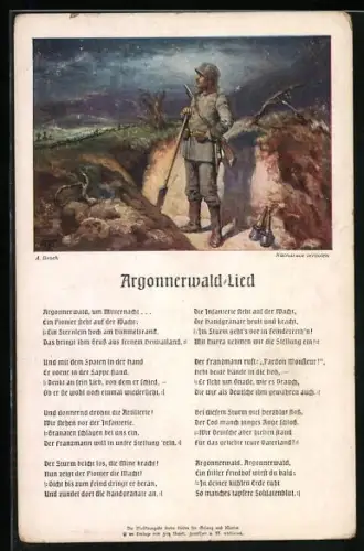 Künstler-AK A. Broch: Soldat mit Stiel-Handgranaten, Argonnerwald-Lied