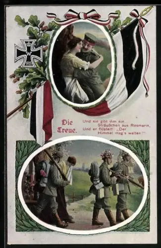 Künstler-AK Die Treue - Soldaten-Abschied, Fahne, Eisernes Kreuz