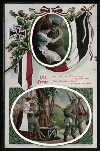 AK Soldat der Infanterie in Umarmung mit seiner Frau und beim Auszug ins Feld, Eisernes Kreuz