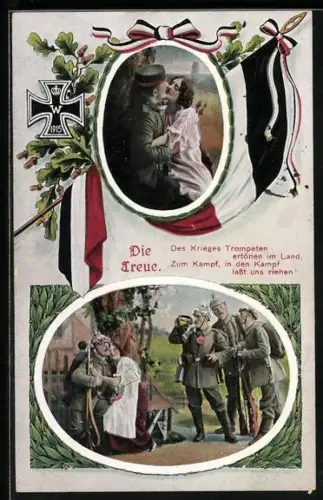 AK Soldat verabschiedet sich von seiner Liebsten, Eisernes Kreuz, Reichsfahne