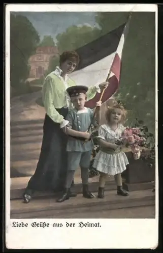 AK Liebe Grüsse aus der Heimat, Familie mit deutscher Fahne