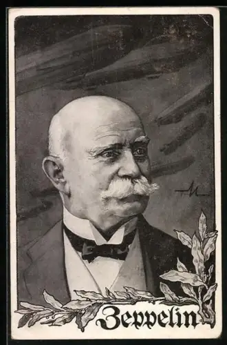 AK Portrait Graf von Zeppelin, Luftschiffe im Hintergrund
