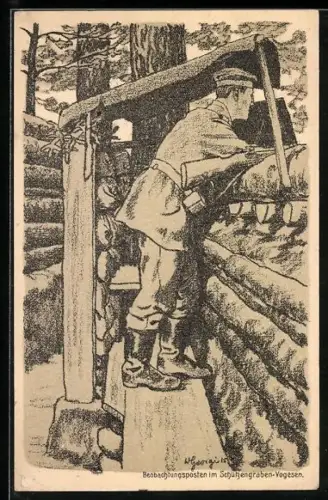 Künstler-AK Walter Georgi: Beobachtungsposten im Schützengraben in den Vogesen, Bahlsen-Reklame