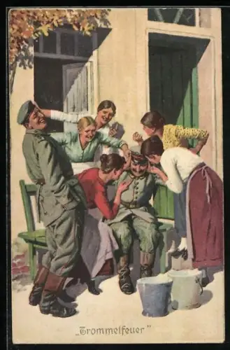 Künstler-AK Arthur Thiele unsign.: Soldatenhumor, Militärische Fachausdrücke, Trommelfeuer, Mädchen necken Soldat