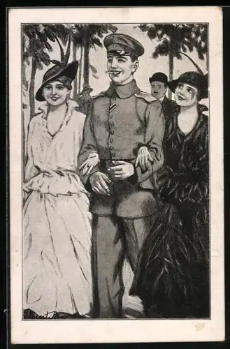 Künstler-AK Plantikow: Soldat in Uniform mit zwei Frauen