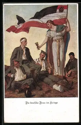 AK Die deutsche Frau im Kriege verteilt Wasser an die durstigen Krieger, Rotes Kreuz