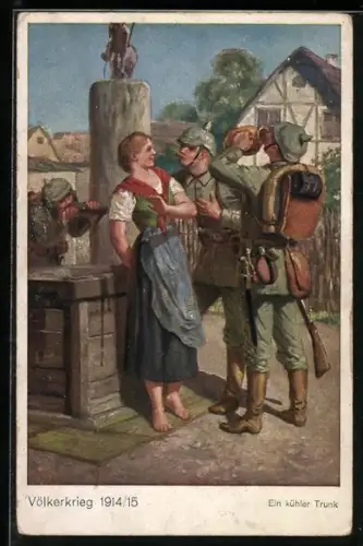 AK Soldat belästigt Fräulein am Brunnen