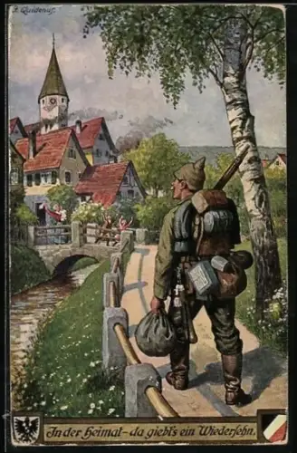 AK In der Heimat da gibt`s ein Wiedersehen, Soldat mit Gepäck, 1. Weltkrieg