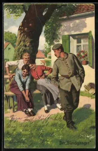 Künstler-AK Arthur Thiele unsign.: Soldatenhumor, Der Blindgänger, drei Frauen lachen über Soldat