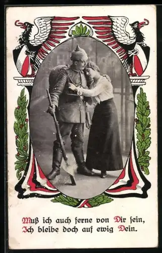 AK Infanterie-Soldat in Uniform mit Pickelhaube beim Abschied von seiner Frau