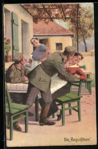 Künstler-AK Arthur Thiele unsign.: Die Requisition, Soldat möchte Kellnerin einen Kuss geben, Uniform, Rgt. 16 & 3