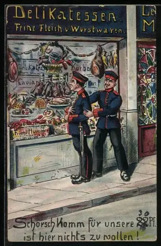 AK Zwei Infanterie-Soldaten vor einem Delikatessen-Geschäft
