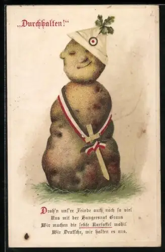 AK Durchhalten, Kriegsnot, Kartoffel-Männchen mit Uniform