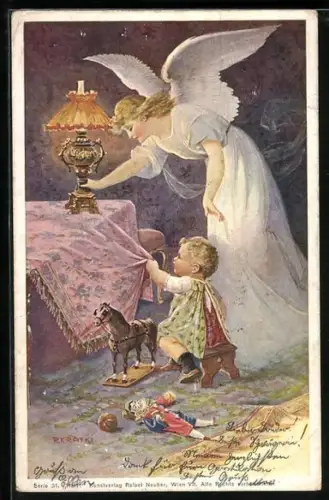 Künstler-AK Halt!, Schutzengel rettet Kind vor fallender Lampe