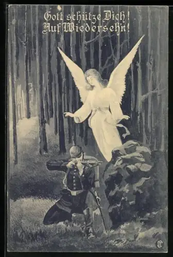 AK Soldat in Deckung mit angelegtem Gewehr wird von Schutzengel bewacht