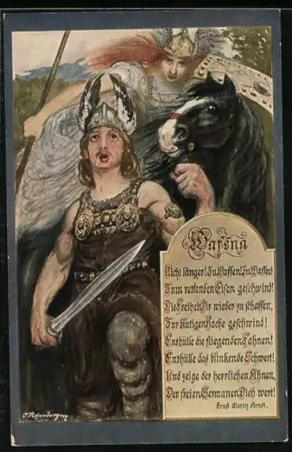 AK Germane in Rüstung und mit Schwert zieht in den Kampf