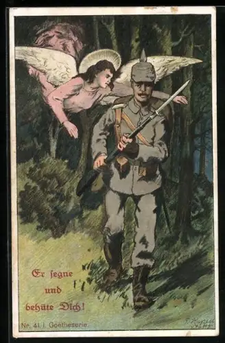 AK Er segne und behüte Dich!, Schutzengel bewacht Soldaten mit Pickelhaube und Gewehr