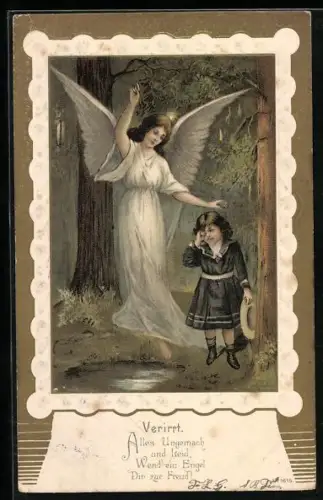 Lithographie Verirrt..., Schutzengel mit Kind im dunklen Wald
