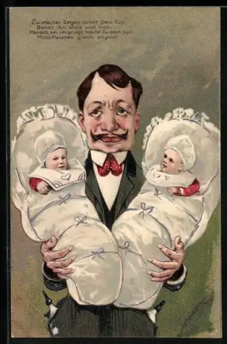 AK Mann mit zwei Babys auf dem Arm, Emanzipation