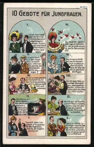 AK 10 Gebote für Jungfrauen, Bildtafeln, Humor