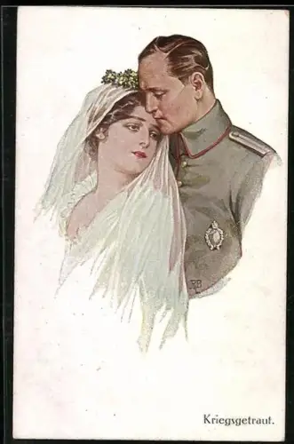 Künstler-AK Kriegsgetraut, Soldat in Fliegeruniform und Frau im Brautkleid
