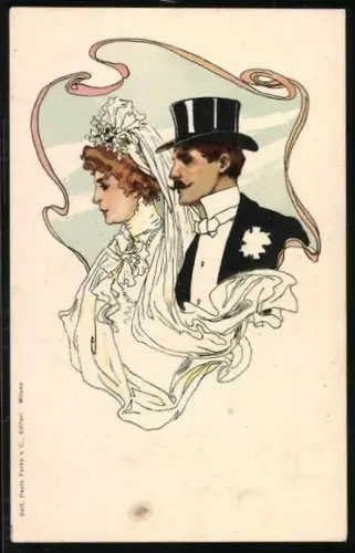 AK Braut im schönen Hochzeitskleid mit Schleier, Bräutigam mit Zylinder, Profilbild, gerahmte Ansicht