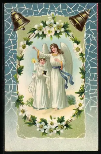 AK Schutzengel stehen unter einem Blumenkranz