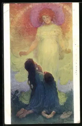 Künstler-AK Kinder beten kniend vor Schutzengel