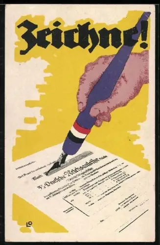 AK Federhalter mit Flagge zeichnet Kriegsanleihe