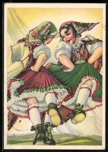 AK zwei Frauen tanzen in österreichischen Trachtenkleidern