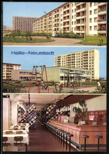 AK Halle-Neustadt, Kindereinrichtung Pittiplatsch und HO-Gaststätte Gastronom