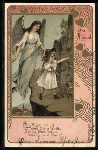 AK Mädchen am Abgrund und schützender Schutzengel