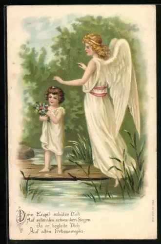 AK Schutzengel wacht über ein Kind auf einem Steg