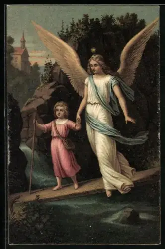 Künstler-AK F. Leiber: Der heilige Schutzengel mit Mädchen auf dem Steg
