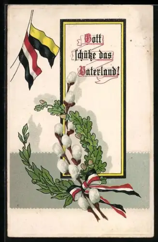 AK Eichenlaubkranz mit Weidenkätzchen mit Reichsflagge und Österreichischer Fahne