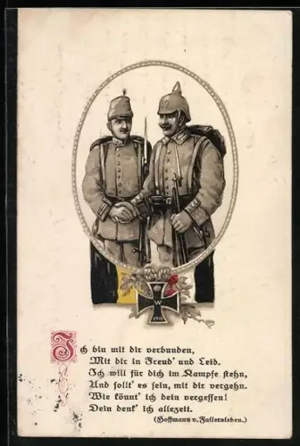 AK Zweibund, Deutscher und östereichischer Soldat in Uniform mit Eisernen Kreuz, Spruch