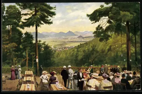 AK Bonn, Gaststätte Casselsruhe, Blick auf Godesberg und das Siebengebirge