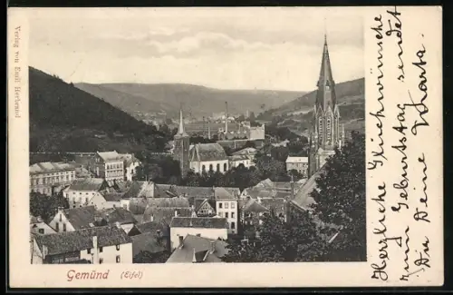 AK Gemünd /Eifel, Stadtansicht mit Kirchen und umliegenden Bergen