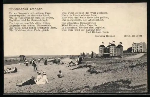 AK Duhnen, Strandpartie mit Kurhaus und Hotel am Meer sowie Gedicht von Paul Richard Luck