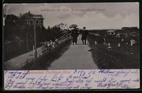AK Cuxhaven-Döse, Deichpartie mit Hôtel Badehaus und Herrenbad