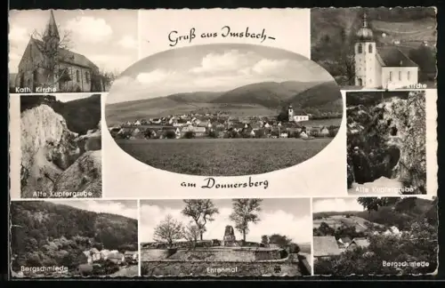 AK Imsbach / Pfalz, Ortsansicht, Kath. Kirche, Alte Kupfergrube, Bergschmiede, Ehrenmal