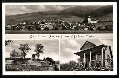 AK Imsbach im Pfälzer Wald, Totalansicht, Denkmal und Hütte