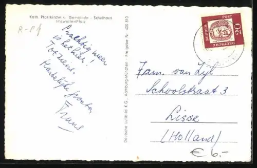 AK Imsweiler /Pfalz, Vogelschau auf den Ort und Katholische Pfarrkirche