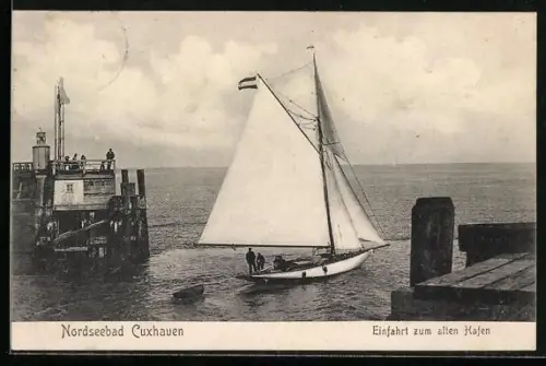 AK Cuxhaven, Einfahrt zum alten Hafen mit Segelboot