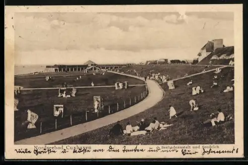 AK Cuxhaven, Strandpartie mit Seebadeanstalt und Deich