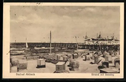 AK Ahlbeck / Ostseebad, Strand mit Seesteg