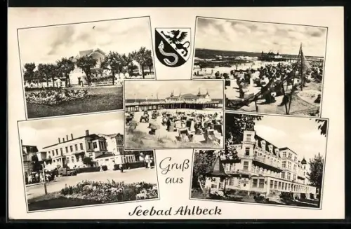 AK Ahlbeck / Ostseebad, Partie am Strand, Wappen