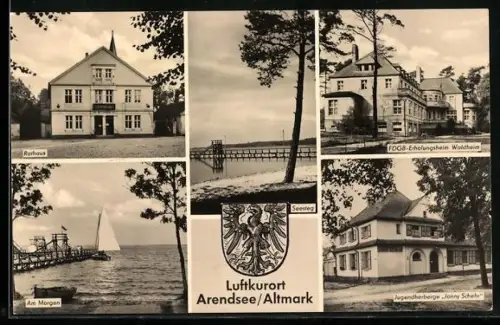 AK Arendsee /Altmark, Rathaus, FDGB-Erholungsheim Waldheim, Jugendherberge Jonny Schehr