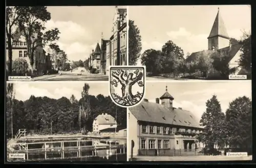 AK Klötze /Altmark, Bahnhofstrasse, Kirche, Waldbaude, Zentralschule